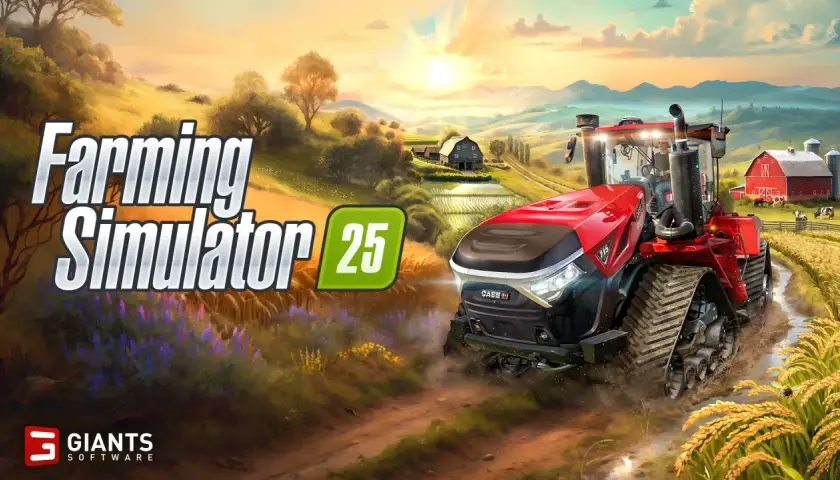 Czerwony traktor pędzi przez pole w grze Farming Simulator 25 PS4. Słońce zachodzi nad malowniczym krajobrazem.