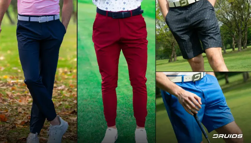 Mężczyzna w czerwonych spodenkach męskich na polu golfowym. Obok prezentowane są też granatowe spodnie i niebieskie szorty.