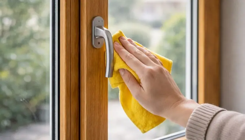 Mano pulisce infisso in legno con panno giallo. Un gesto semplice per rinnovare infissi in legno fai da te e far brillare la tua casa.