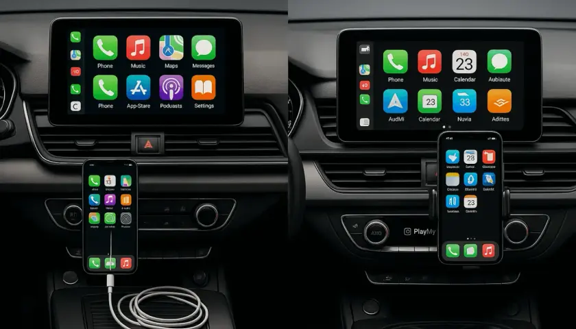 Jak połączyć telefon z samochodem? Widok deski rozdzielczej z ekranem Apple CarPlay i podłączonym iPhonem.