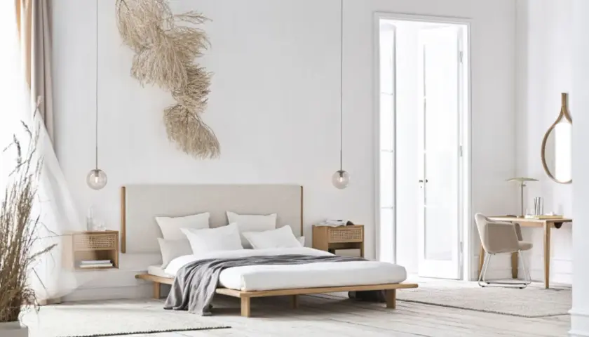 Minimalistisches Schlafzimmer mit einem Bett, Nachttischen und einem Schreibtisch. Die Wand hinterm Bett gestalten Ideen: ein Trockenblumen-Arrangement sorgt für natürliche Akzente.