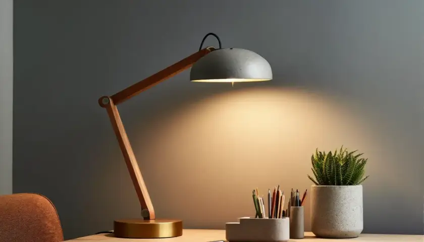 Stół z lampką dającą ciepłe światło, doniczką z rośliną i pojemnikami na kredki. Lux, czyli jednostka natężenia oświetlenia, jest tu idealnie dobrana do pracy.