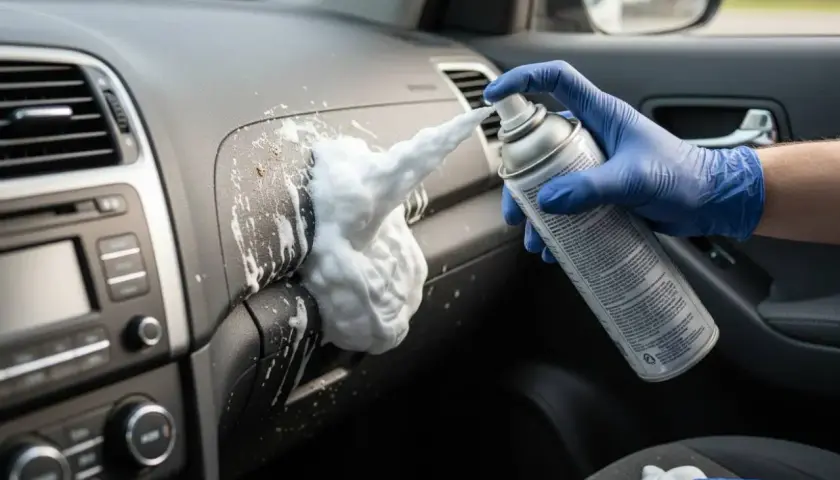 Mano con guanto blu spruzza schiuma da barba per pulire sedili auto e cruscotto.