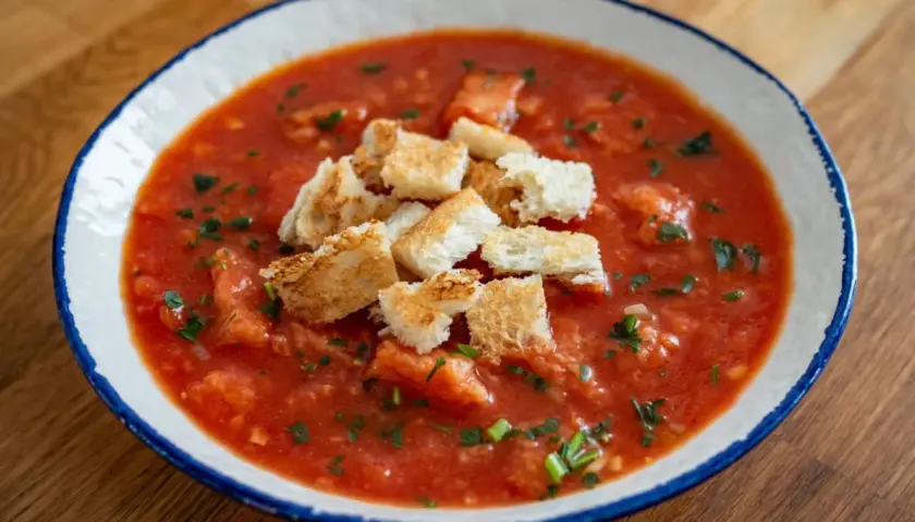 Pappa al pomodoro, gęsta zupa pomidorowa z grzankami, posypana natką pietruszki, w białej misce z niebieskim rantem.