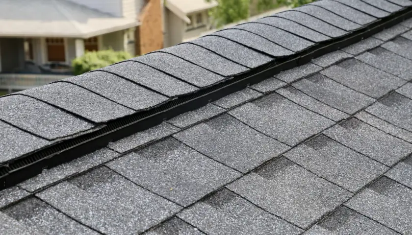 Graues Bitumen-Dach mit Lüftungsgitter. Die Schindeln sind dicht verlegt und bilden eine schützende Schicht.