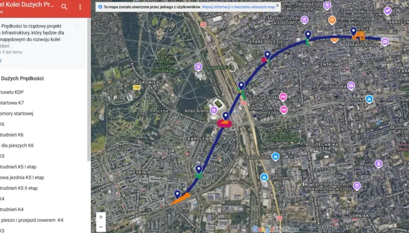 Mapa z zaznaczonym przebiegiem tunelu KDP w Łodzi, z widocznymi komorami startowymi i obszarami utrudnień. To ważne end oznaczenie na mapie.