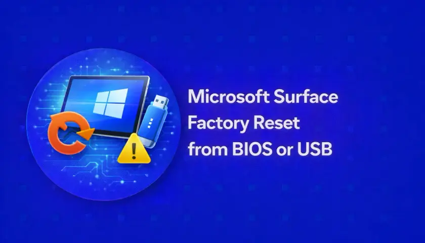 Microsoft Surface neu aufsetzen: Anleitung für Factory Reset über BIOS oder USB. Ein Tablet-Symbol mit Windows-Logo, USB-Stick und Warnzeichen.