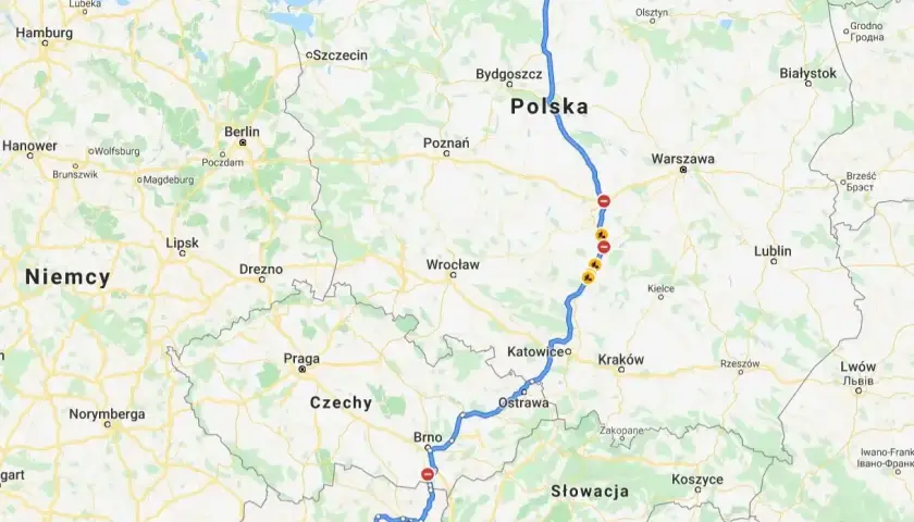 Trasa wycieczki objazdowej Włochy 10 dni: z Gdyni przez Polskę, Czechy, Słowację do Hallstatt w Austrii. 1186 km.