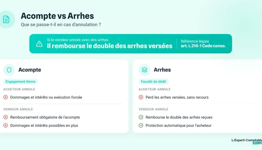 Comparaison Acompte vs Arrhes : en cas d'annulation, le vendeur doit rembourser le double des arrhes versées.