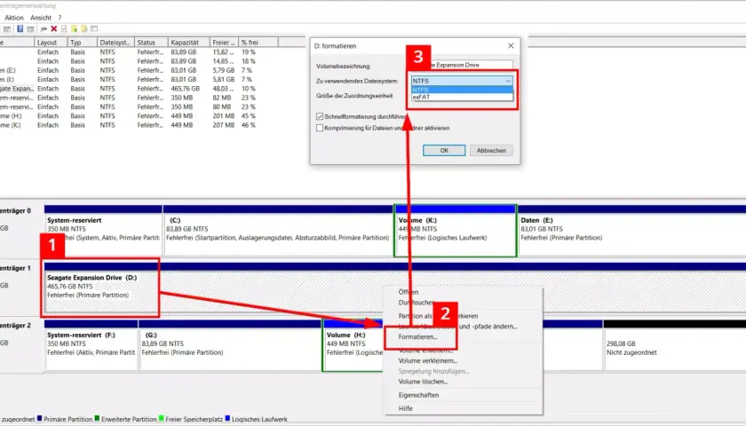 Datenträgerverwaltung zeigt das Fenster "D: formatieren" an, um eine Festplatte mit diskpart format zu bereiten.
