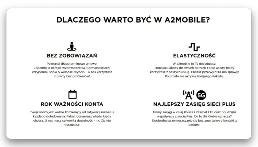 Twoje konto ma rok ważności od aktywacji lub doładowania. Pakiet odnawiasz, kiedy chcesz. U nas masz całkowitą dowolność.