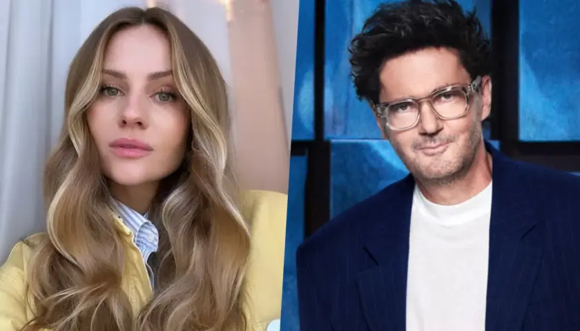 Kuba Wojewódzki i jego partnerka, Anna Mucha, w zestawieniu. Ona w żółtej kurtce, on w granatowej marynarce.
