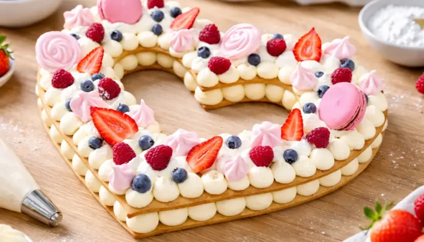 Un magnifique number cake licorne en forme de cœur, garni de fruits rouges, de macarons roses et de crème onctueuse.