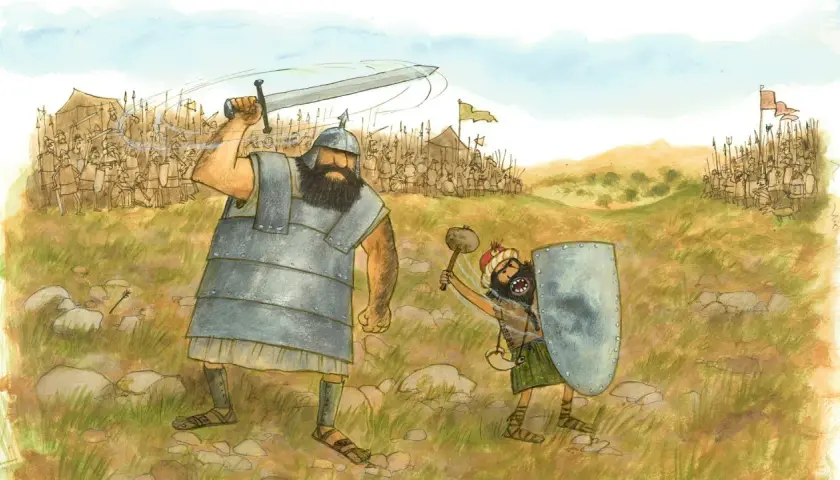 En jätte med svärd möter en mindre man med sten. Vad betyder goliat? En strid mellan två arméer i bakgrunden.