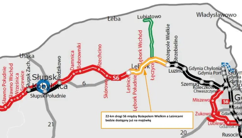 Mapa drogi S6: 22 km między Bożepolem Wielkim a Leśnicami będzie dostępne na majówkę.