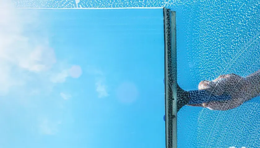 Fensterputzen mit Glycerin: Ein klarer Blick auf den blauen Himmel, während eine Hand mit einem Abzieher über das seifige Glas gleitet.