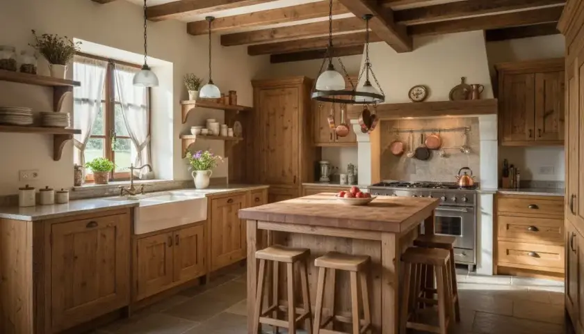 Cucina rustica con isola centrale in legno, travi a vista e mobili in abete. Perfetta per chi cerca idee cucina rustica.