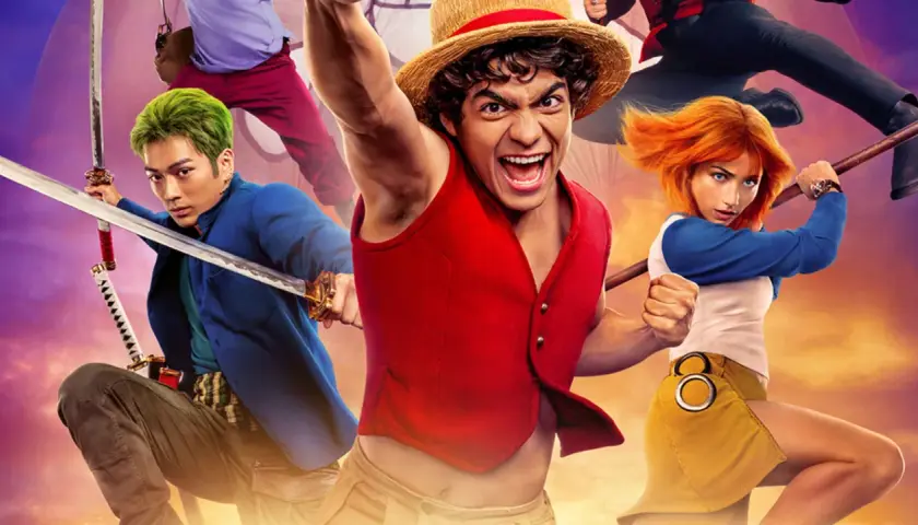 Här är rollistan i One Piece: Luffy med halmhatt, Zoro med grönt hår och svärd, Nami med orange hår och en stav.