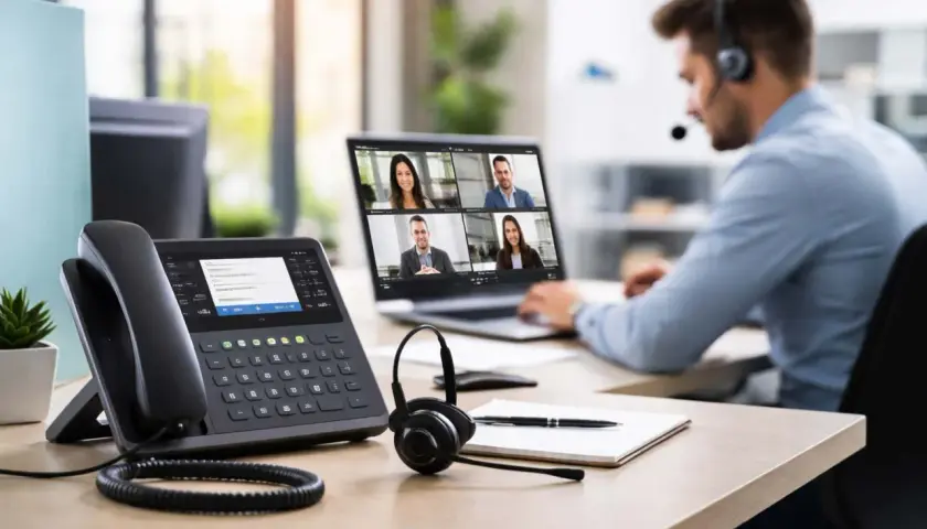 Un homme en casque participe à une visioconférence. Un téléphone IP et un ordinateur portable sont sur le bureau, illustrant la **PABX définition** pour la communication d'entreprise.