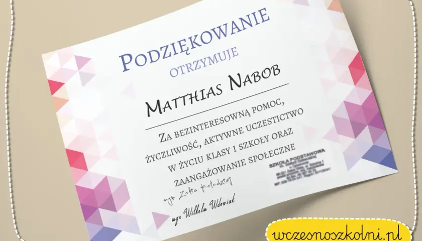 Dyplom z podziękowaniami dla rodziców. Matthias Nabob otrzymuje podziękowanie za pomoc i zaangażowanie.