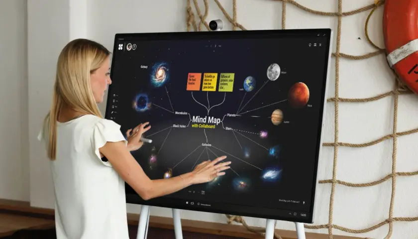 Eine Frau nutzt ein interaktives Whiteboard, um eine interstellare Mindmap zu erstellen. Was ist ein Whiteboard? Ein digitales Display für Ideen.