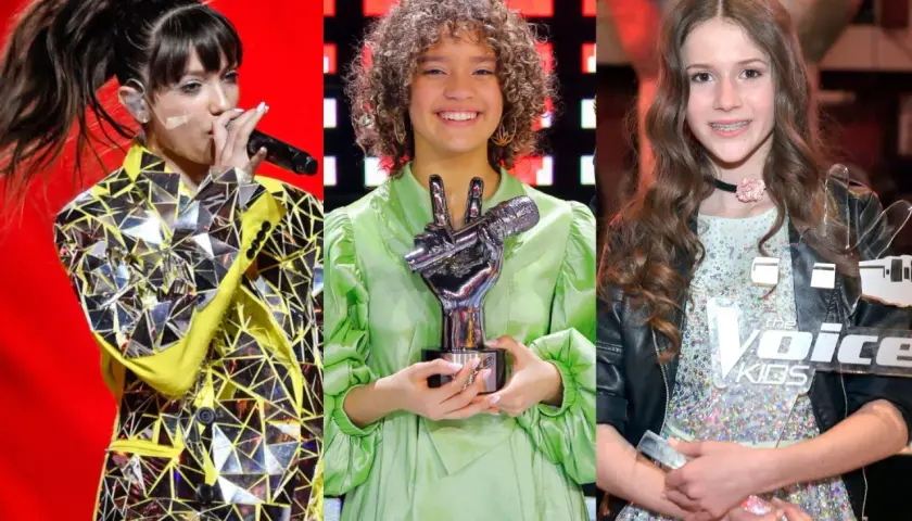 Trzy finalistki The Voice Kids: śpiewająca w lustrzanej marynarce, z trofeum w zielonej sukience i z nagrodą w błyszczącej kreacji. Kto wygrał?