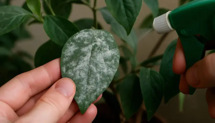 Eine Hand hält ein Blatt mit weißem Belag, der auf Mehltau als Ursache hindeutet. Eine Sprühflasche sprüht auf die Pflanze.
