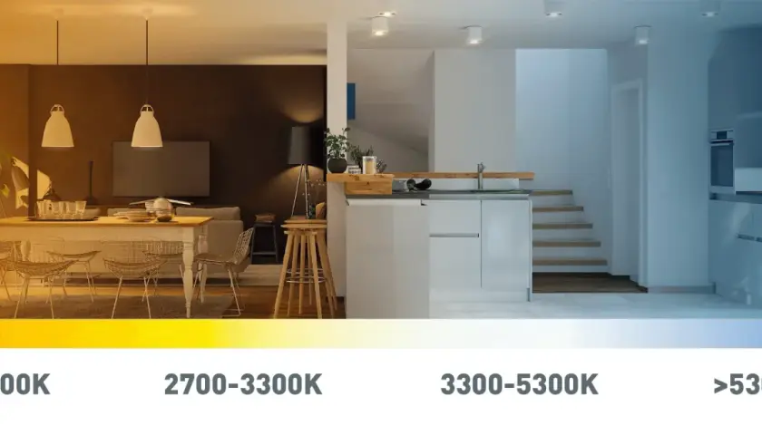 Ambiente cálido con luz de 2700K en el comedor y frío, 4200k color, en la cocina moderna.