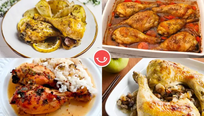 Cuatro platos deliciosos con muslos de pollo: asados con limón y patatas, en bandeja con zanahorias, con arroz blanco y con champiñones.
