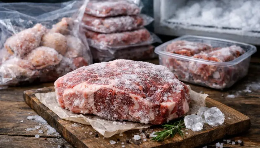 Gros morceau de viande brulée par le froid, recouvert de givre. D'autres portions congelées sont visibles en arrière-plan.