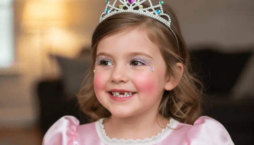 A young girl in a pink princess dress and tiara smiles, with glitter makeup on her eyes and cheeks.