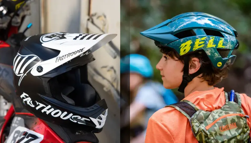Caschi moto bambini taglie: un casco nero da motocross e uno blu da mountain bike per ragazzi.