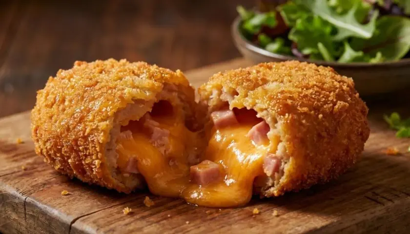 Une croquette jambon fromage dorée et croustillante, coupée en deux, révèle un cœur fondant de fromage et de jambon. Un délice !