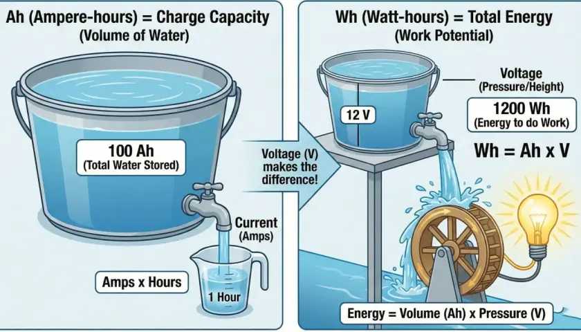 Porównanie pojemności akumulatora: 100 Ah jako objętość wody, 1200 Wh jako energia do pracy, zależna od napięcia.