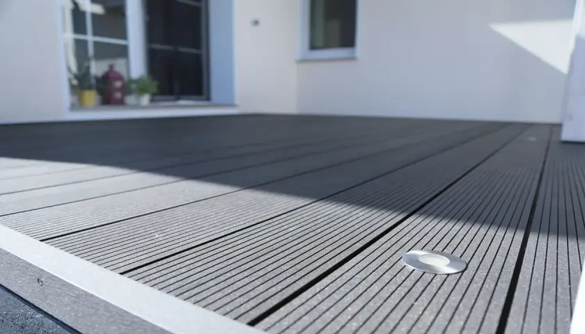 Moderne WPC Terrasse Ideen: Dunkelgraue Dielen mit integrierter Beleuchtung schaffen ein stilvolles Ambiente.