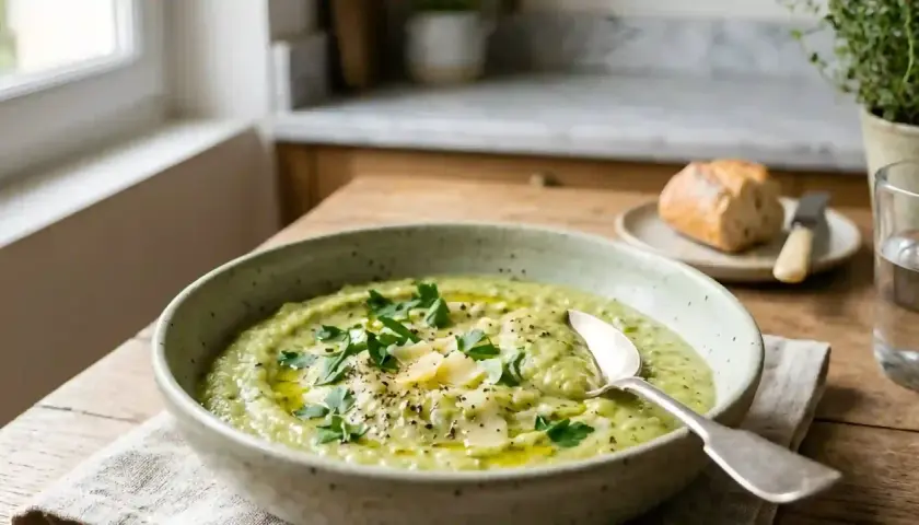 Un bol de purée de courgette onctueuse, garnie de persil frais et de copeaux de parmesan. Un pain croustillant et un verre d'eau complètent ce repas léger.