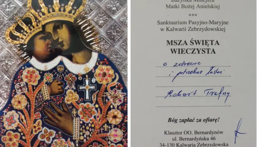 Ikona Matki Boskiej z Dzieciątkiem Jezus w ozdobnych szatach i koronie, obok dokument z napisem "Msza Święta Wieczysta".