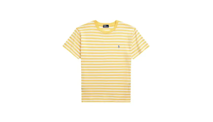 Gestreiftes gelb-weißes Ralph Lauren T-Shirt mit kleinem blauem Logo.