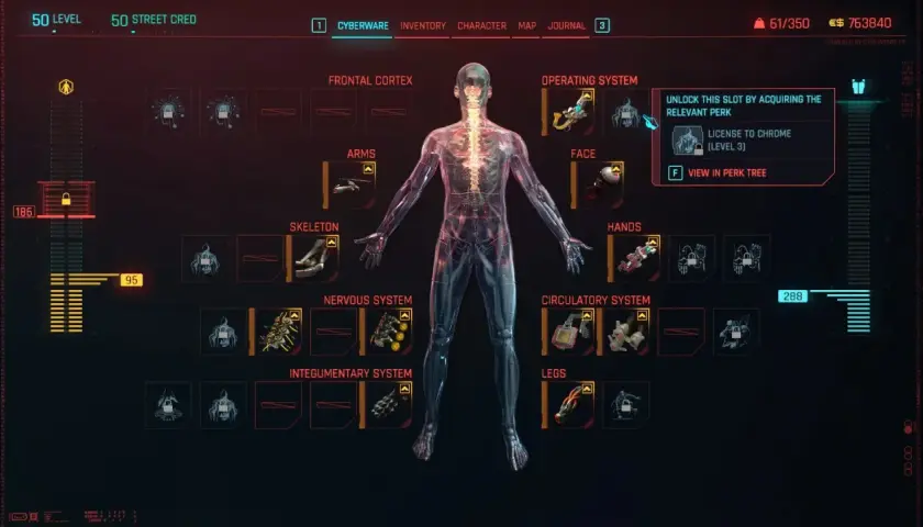 Interfejs Cyberware w grze, pokazujący możliwości ulepszeń postaci. Modyfikacje w Cyberpunk 2077 pozwalają na rozbudowę ciała.
