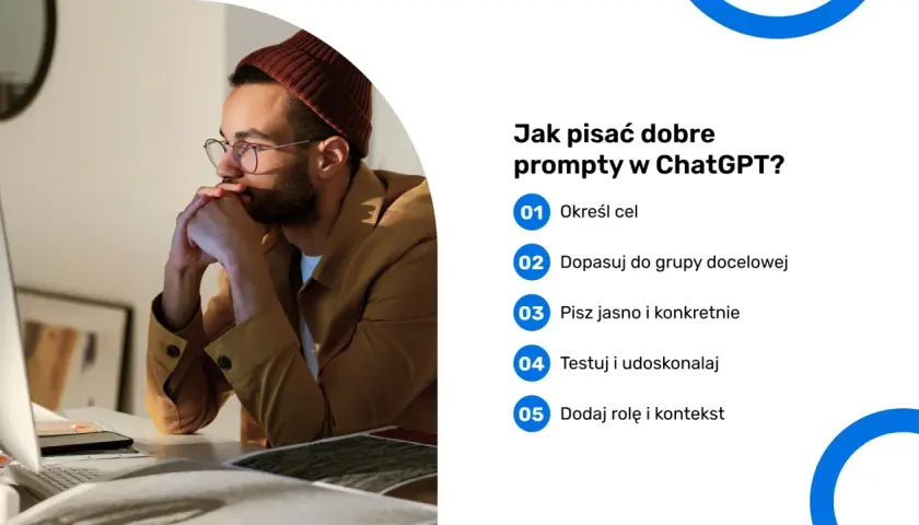 Mężczyzna w okularach i czapce zamyślony nad ekranem komputera. Obok lista wskazówek, jak pisać dobre prompty w ChatGPT.