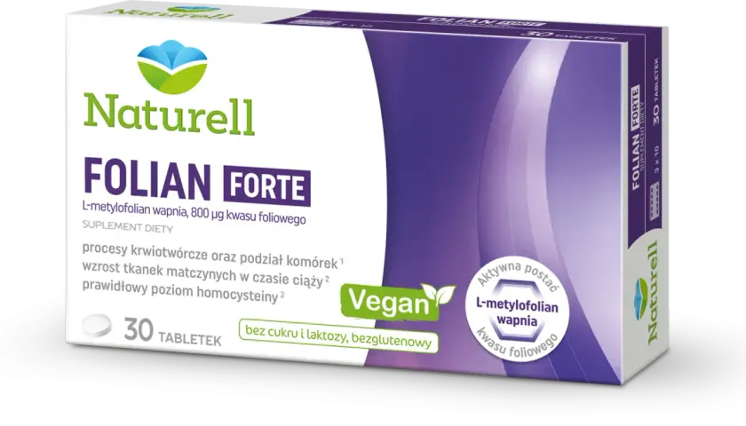 Opakowanie suplementu diety Naturell Folian Forte z informacją o 30 tabletkach i wegańskiej formule.