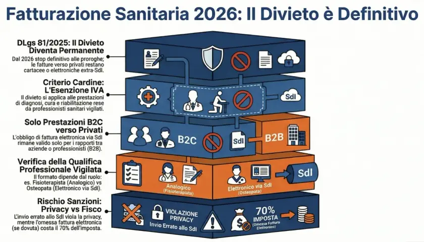 Schema sulla fatturazione sanitaria 2026: divieto definitivo. Dettagli su esenzioni IVA, fatture B2C/B2B e rischi per il professionista sanitario.