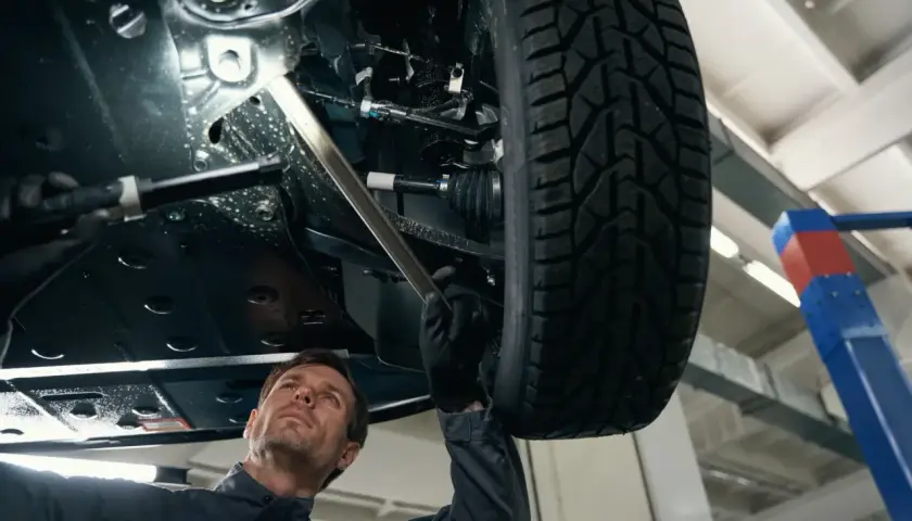 Mechanik bada podwozie samochodu, szukając przyczyny stukania w kole. Używa latarki, by dokładnie obejrzeć elementy zawieszenia.