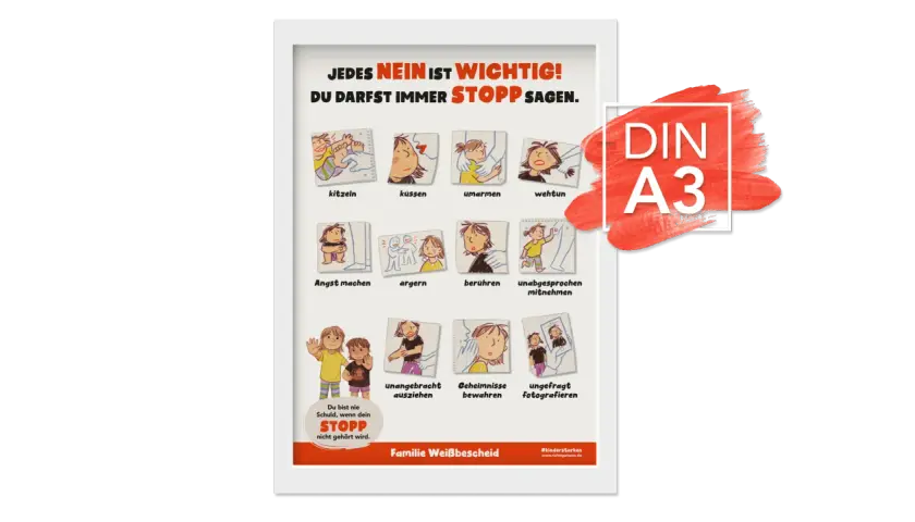 Illustrationen zeigen, wie Kinder "Stopp" sagen dürfen. Lehrer haben Schweigepflicht, aber bei Kindeswohlgefährdung müssen sie handeln.