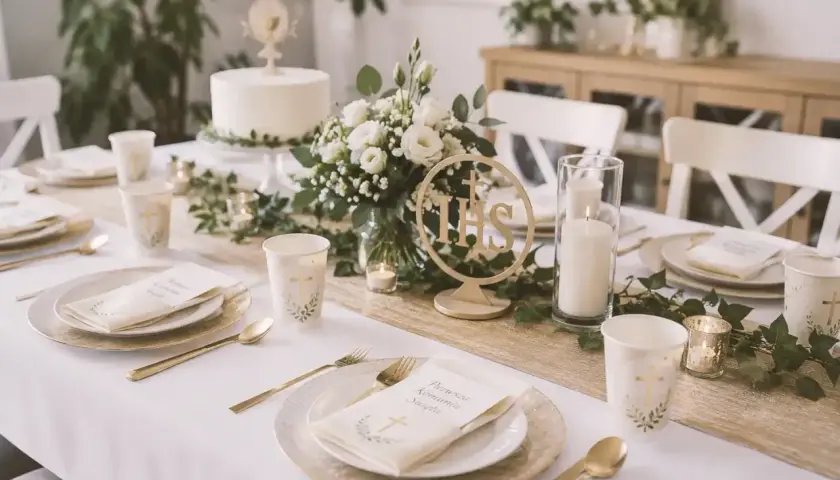 Elegancko nakryty stół na komunię w domu. Złote sztućce, białe kwiaty i tort tworzą uroczystą atmosferę.