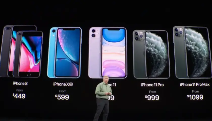 Prezentacja iPhone 11 i modeli Pro. Widoczne ceny i design telefonów.