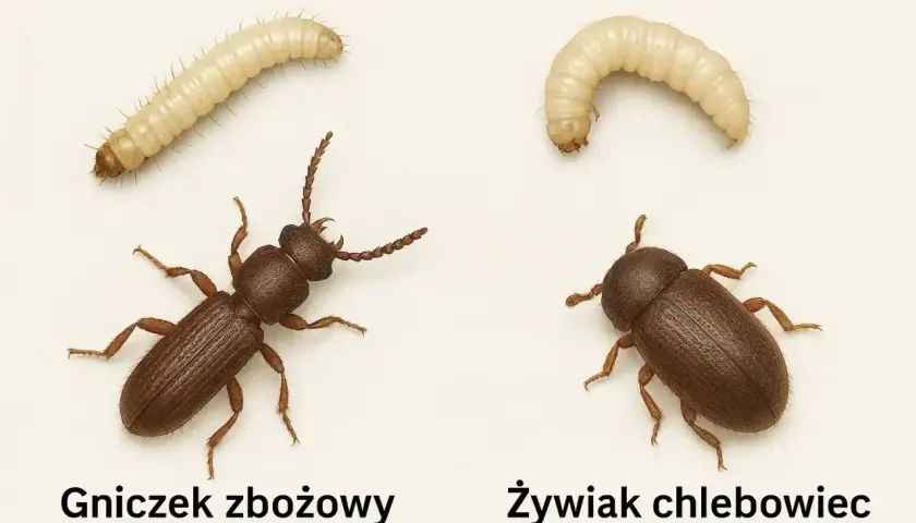 Dwa małe robaczki: gniczek zbożowy i żywiak chlebowiec, obok swoich larw.