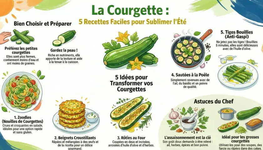 5 recettes faciles pour sublimer vos courgettes : zoodles, beignets, rôties, sautées, et tiges anti-gaspi. Idées pour des courgettes crues et cuites.