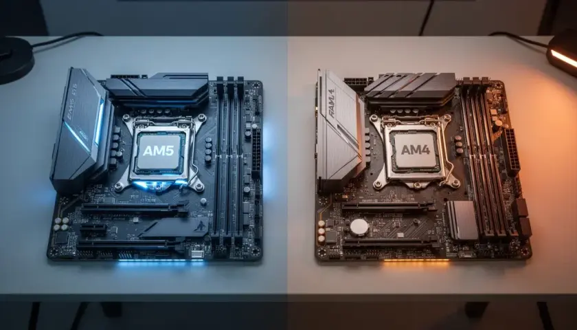 Zwei Mainboards, eines mit AM5-CPU (blau beleuchtet) und eines mit AM4-CPU (orange beleuchtet), zeigen den Übergang zur neuen Plattform.
