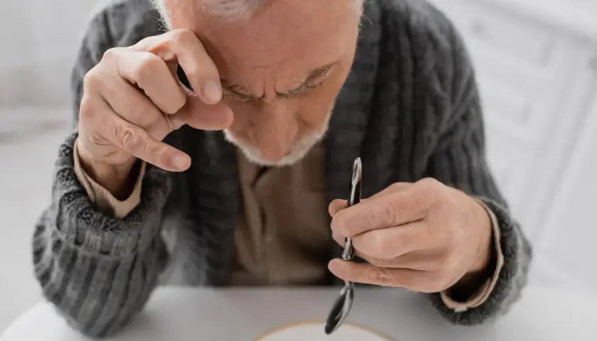 Starszy mężczyzna z drżącą ręką próbuje jeść. Choroba parkinson ile się żyje, to pytanie, które zadaje sobie wielu.